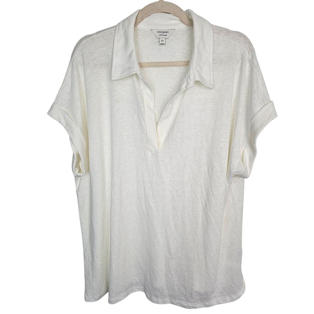 Banana Republic Womens Semi Sheer Linen Oversized Polo Shirt XL Coastal Grandma